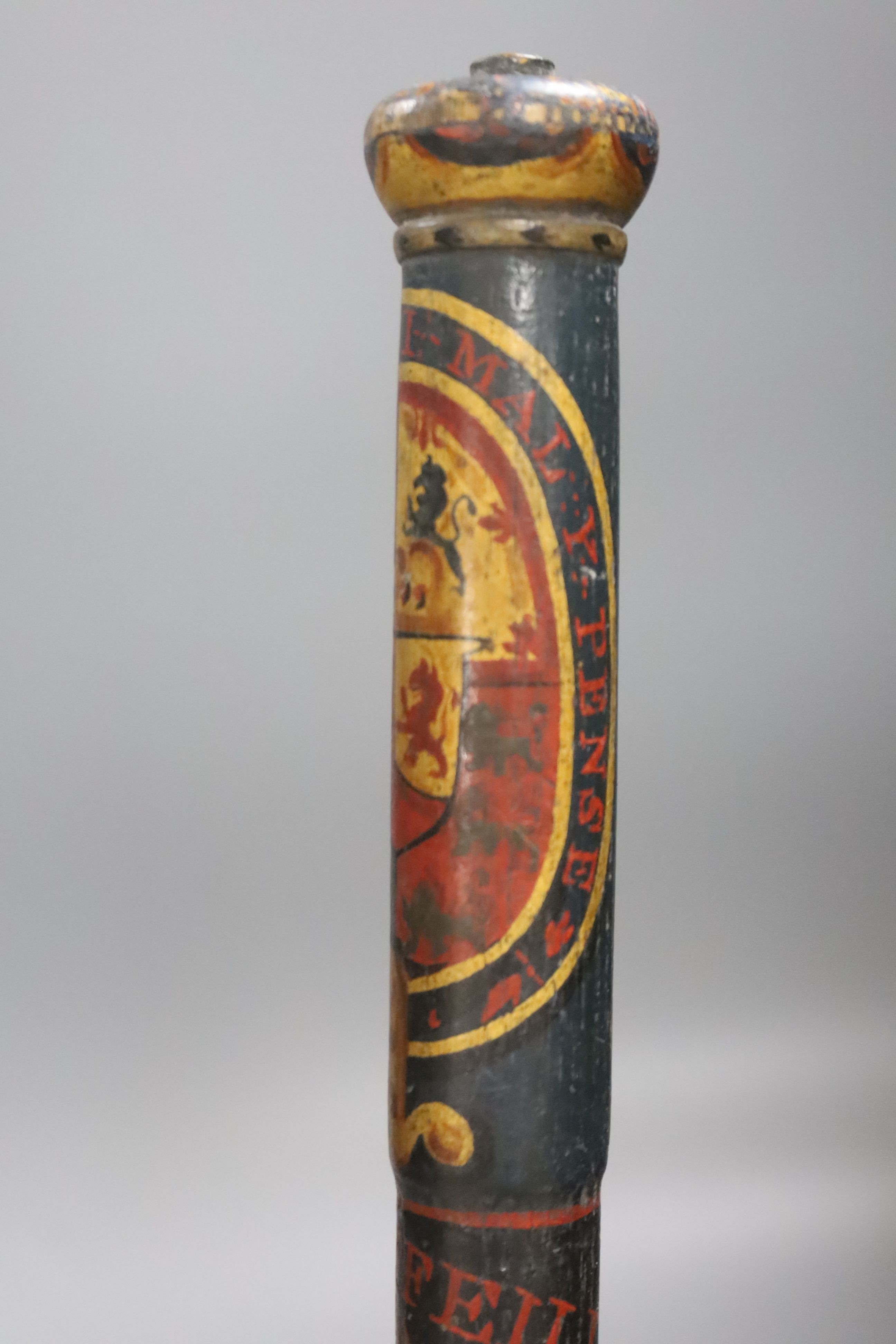 A George IV painted truncheon and a later tip staff both marked “Broomfield”, together with two other tip staffs.